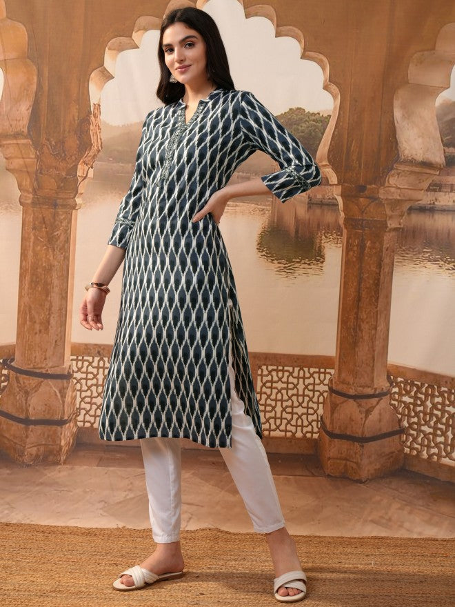 Vishudh Women Grey Printed Straight Kurta - Grey - Image 2
