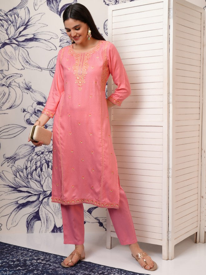 Vishudh Women Peach Embroidered Straight Kurta - Peach - Image 1