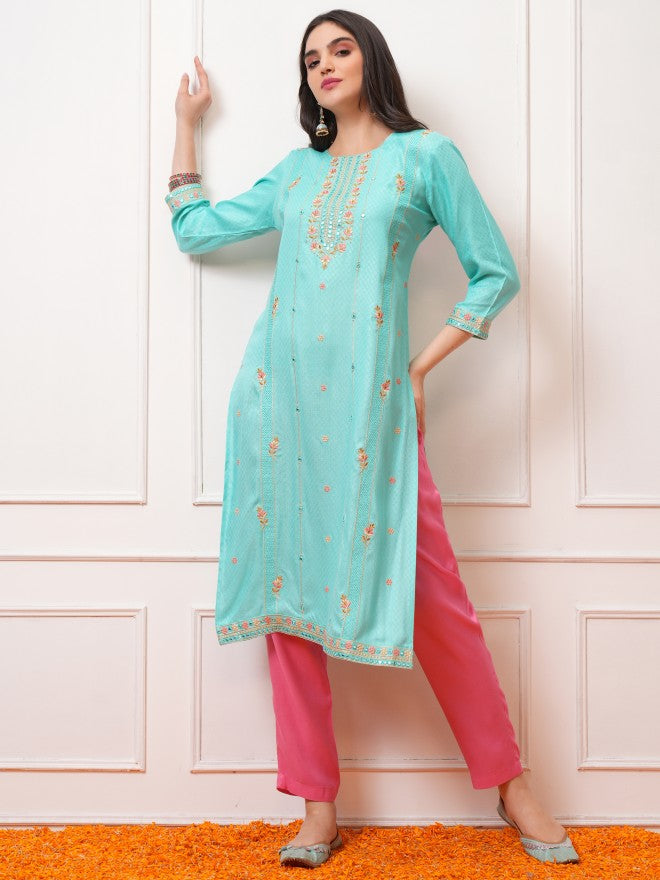Vishudh Women Blue Embroidered Straight Kurta - Blue - Image 1