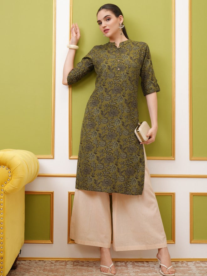 Vishudh Women Mustard Printed Straight Kurta - Mustard - Image 1