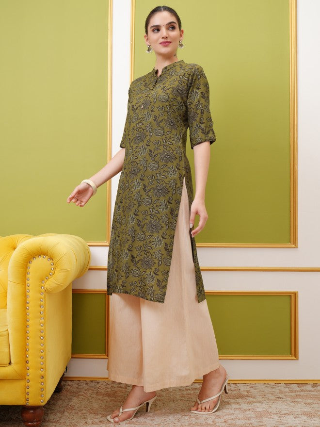 Vishudh Women Mustard Printed Straight Kurta - Mustard - Image 2