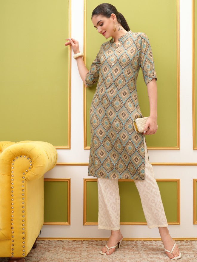 Vishudh Women Brown Printed Straight Kurta - Brown - Image 1