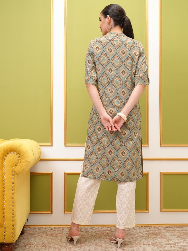Vishudh Women Brown Printed Straight Kurta - Brown - Image 3