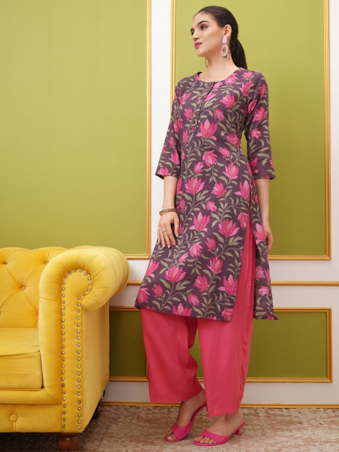 Vishudh Women Brown Printed Straight Kurta - Brown - Image 2