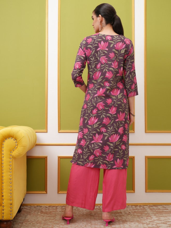 Vishudh Women Brown Printed Straight Kurta - Brown - Image 3