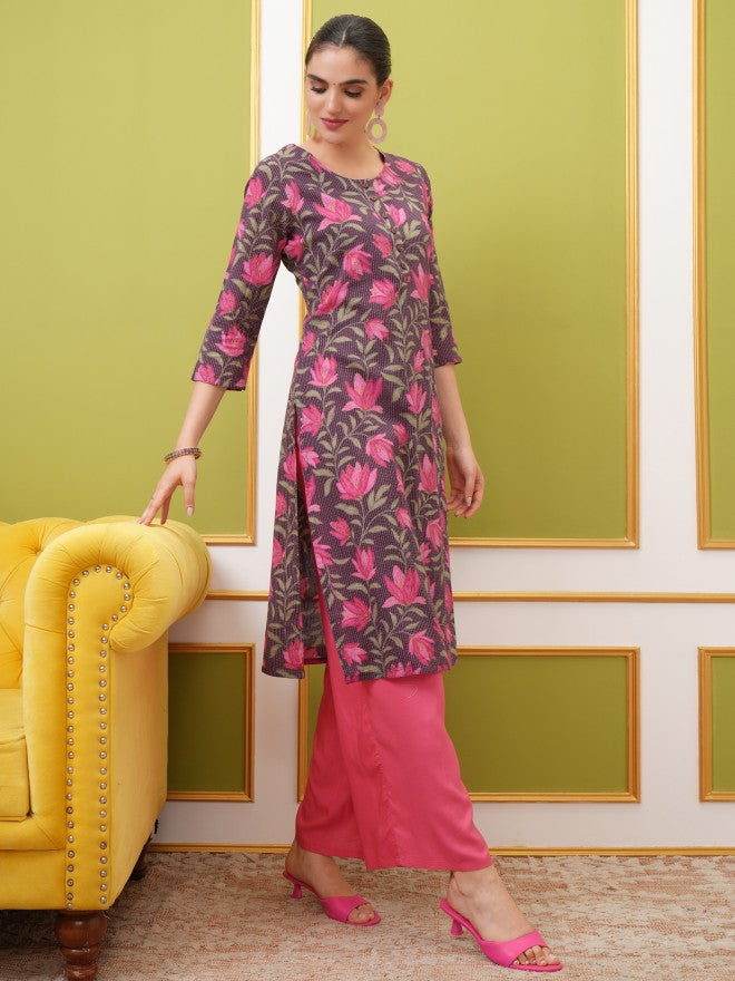 Vishudh Women Brown Printed Straight Kurta - Brown - Image 4