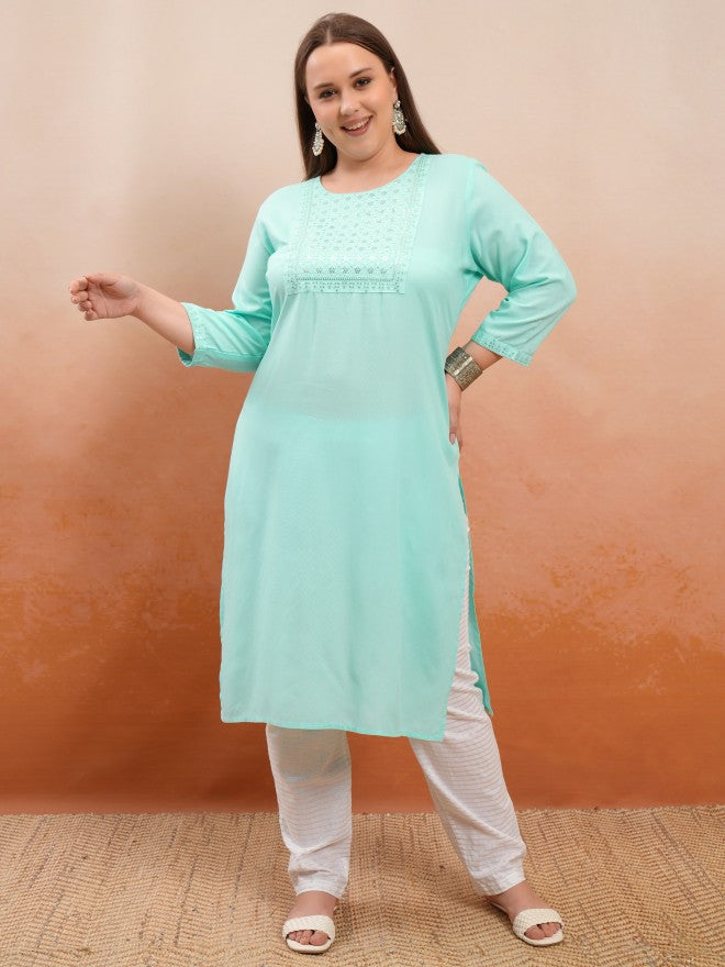 Vishudh Women Blue Embroidered Straight Kurta - Green - Image 1