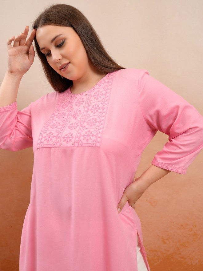 Vishudh Women Pink Embroidered Straight Kurta - Pink - Image 1