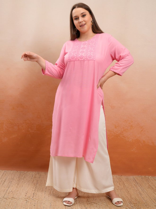 Vishudh Women Pink Embroidered Straight Kurta - Pink - Image 2