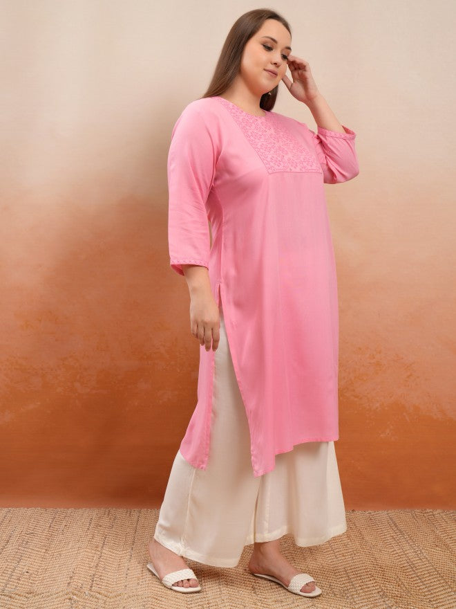 Vishudh Women Pink Embroidered Straight Kurta - Pink - Image 6