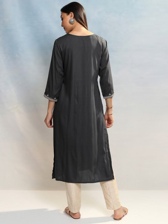 Vishudh Women Grey Embroidered A-Line Kurta - Grey - Image 3