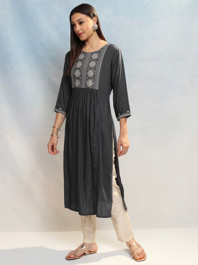 Vishudh Women Grey Embroidered A-Line Kurta - Grey - Image 4