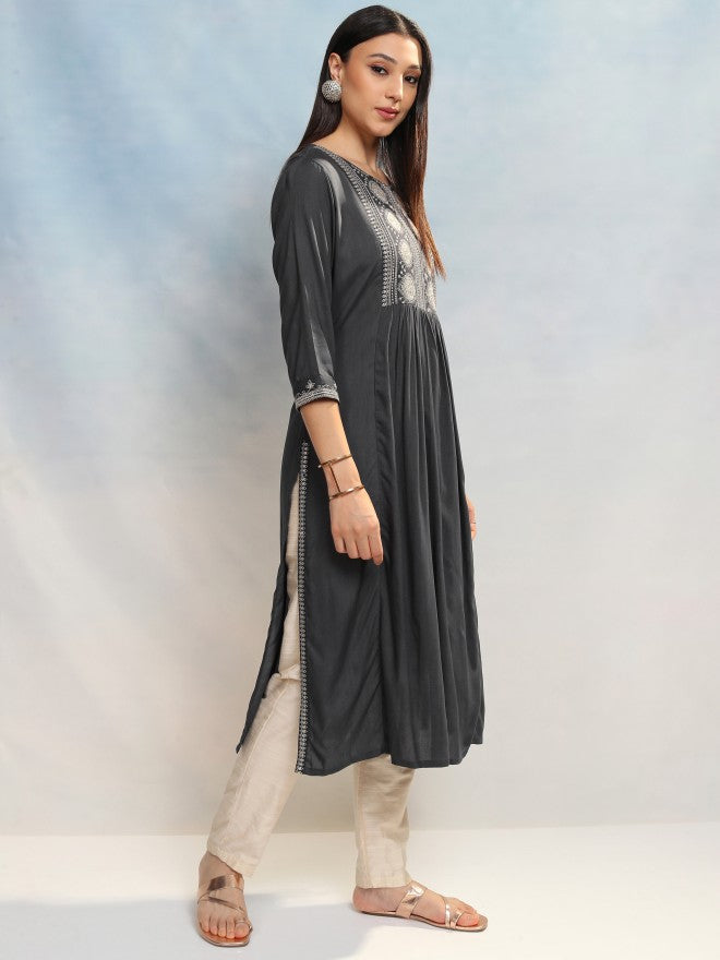 Vishudh Women Grey Embroidered A-Line Kurta - Grey - Image 6