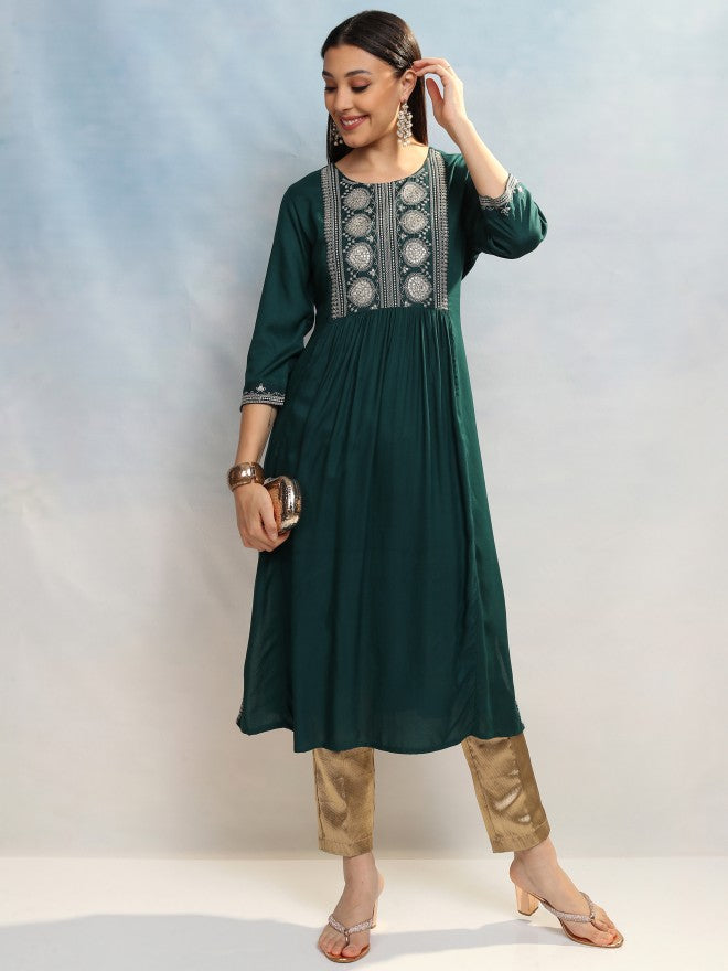 Vishudh Women Teal Embroidered A-Line Kurta - Teal - Image 2