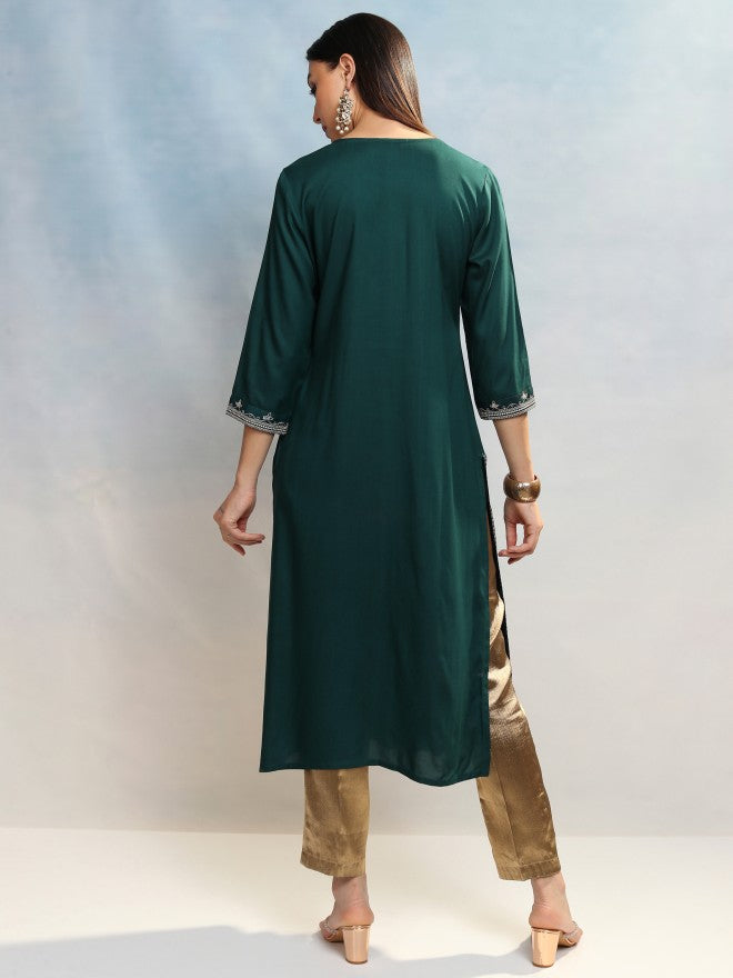 Vishudh Women Teal Embroidered A-Line Kurta - Teal - Image 3