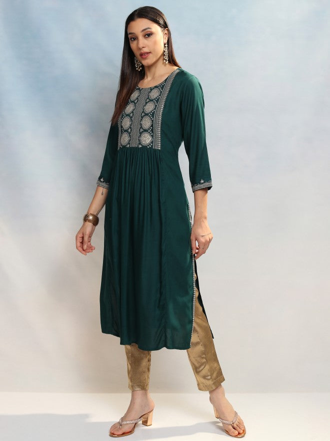 Vishudh Women Teal Embroidered A-Line Kurta - Teal - Image 4