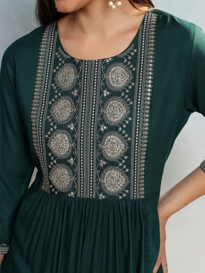 Vishudh Women Teal Embroidered A-Line Kurta - Teal - Image 5
