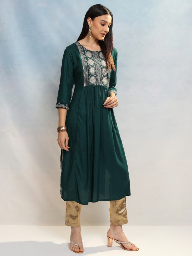 Vishudh Women Teal Embroidered A-Line Kurta - Teal - Image 6