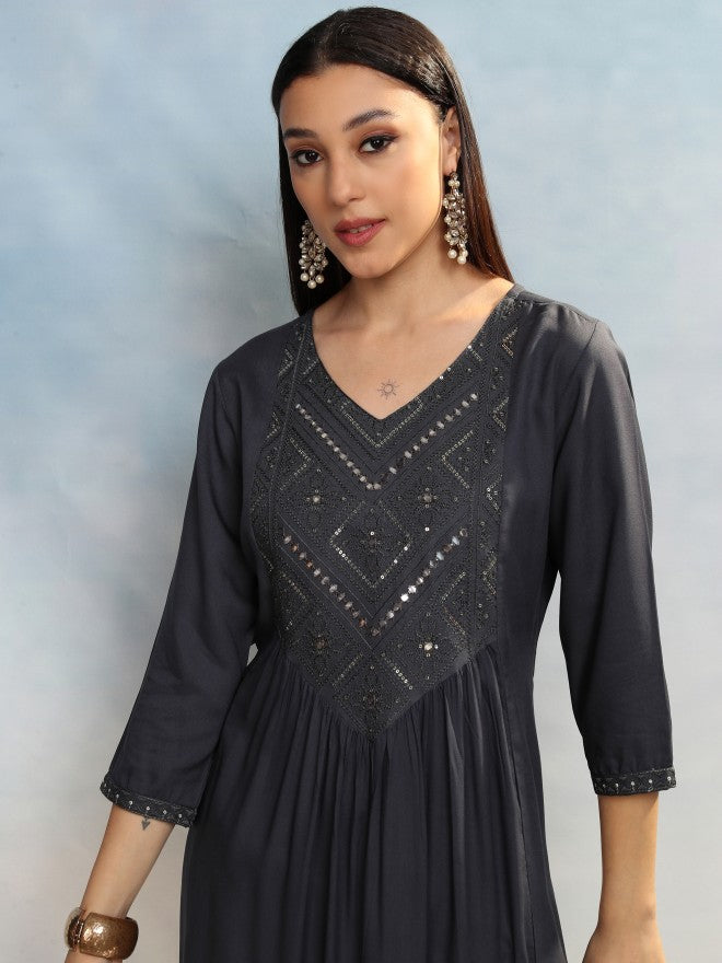 Vishudh Women Grey Embroidered A-Line Kurta - Grey - Image 1