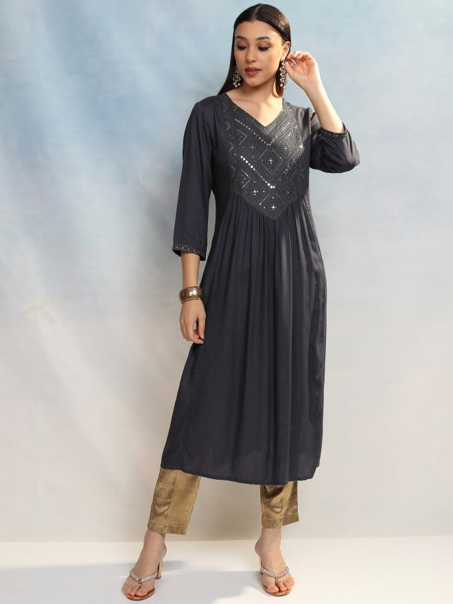 Vishudh Women Grey Embroidered A-Line Kurta - Grey - Image 2