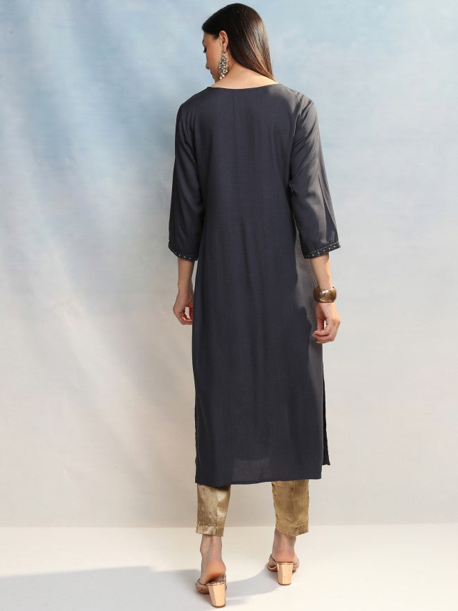 Vishudh Women Grey Embroidered A-Line Kurta - Grey - Image 3