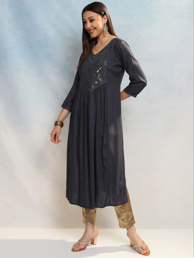 Vishudh Women Grey Embroidered A-Line Kurta - Grey - Image 4