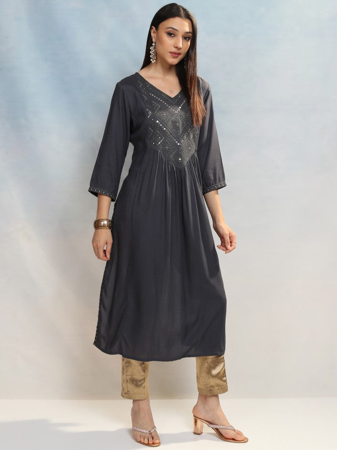 Vishudh Women Grey Embroidered A-Line Kurta - Grey - Image 6