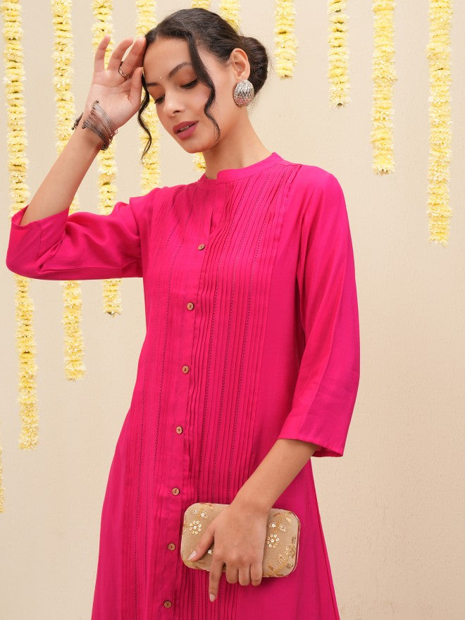 Vishudh Women Pink Embroidered A-Line Kurta - Pink - Image 1