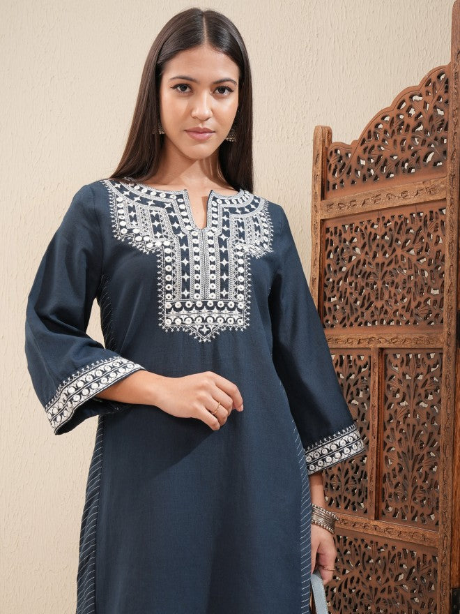 Vishudh Women Blue Embroidered Straight Kurta - Blue - Image 1