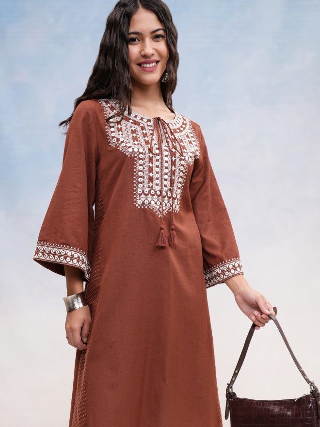 Vishudh Women Brown Embroidered A-Line Kurta - Brown - Image 1