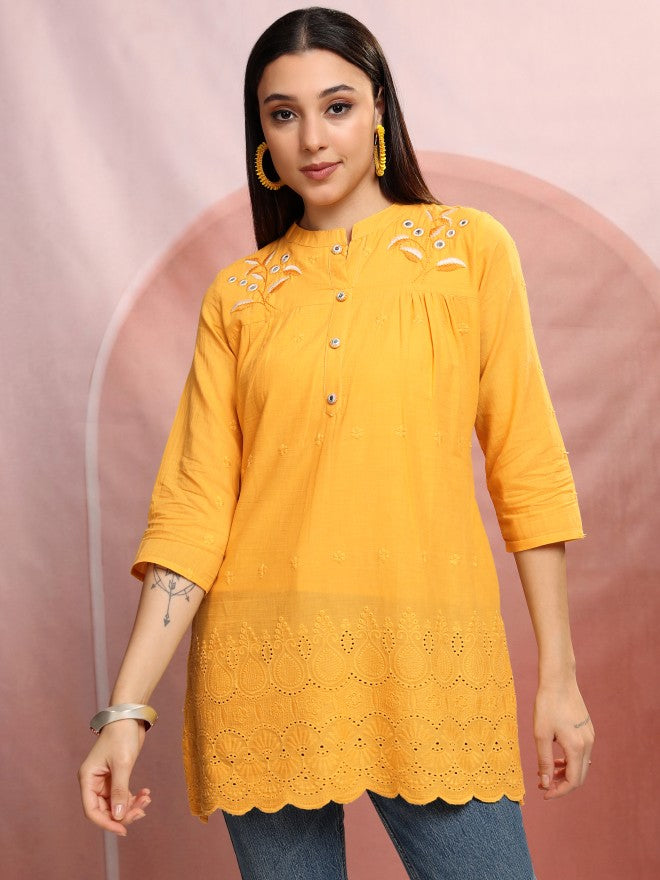 Vishudh Women Mustard Embroidered Tunic - Mustard - Image 1