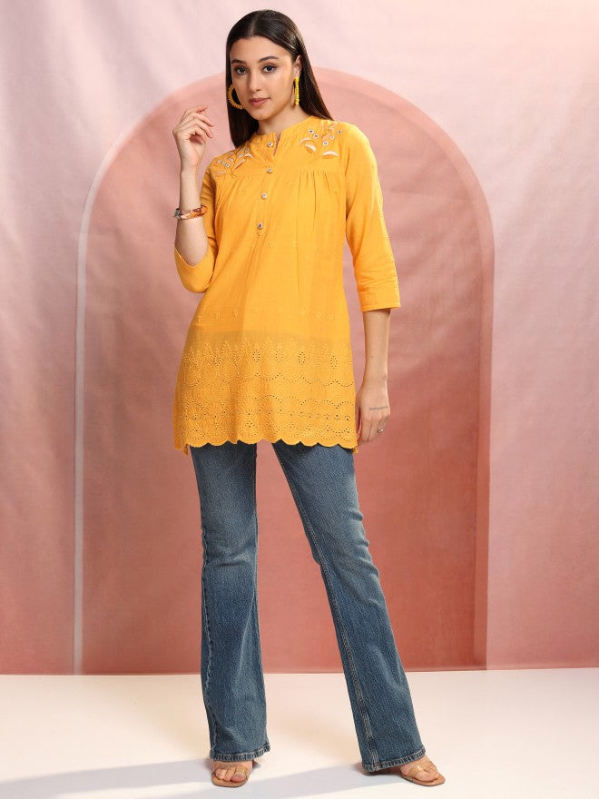 Vishudh Women Mustard Embroidered Tunic - Mustard - Image 2
