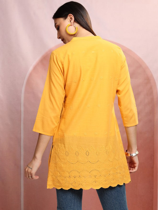 Vishudh Women Mustard Embroidered Tunic - Mustard - Image 3