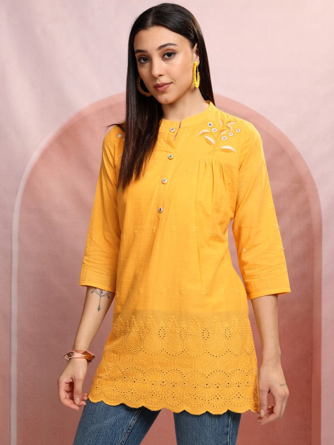Vishudh Women Mustard Embroidered Tunic - Mustard - Image 4
