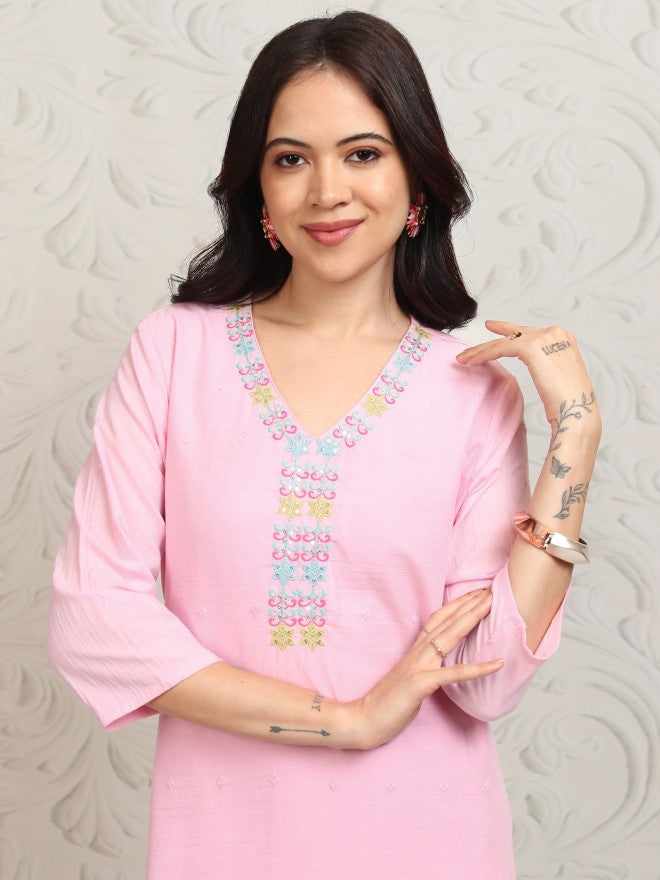 Vishudh Women Pink Embroidered Tunic - Pink - Image 1