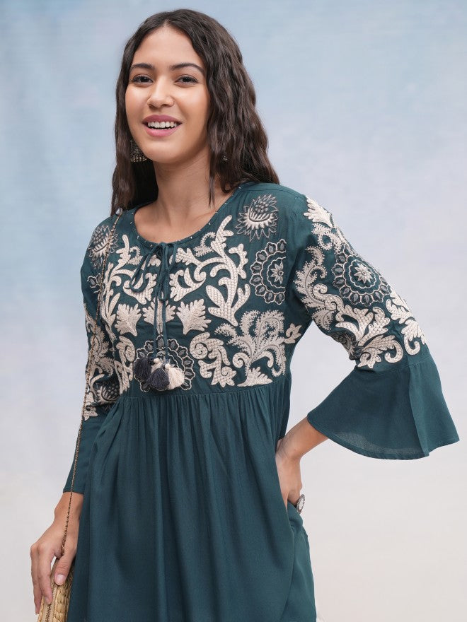 Vishudh Women Teal Embroidered Top - Teal - Image 1