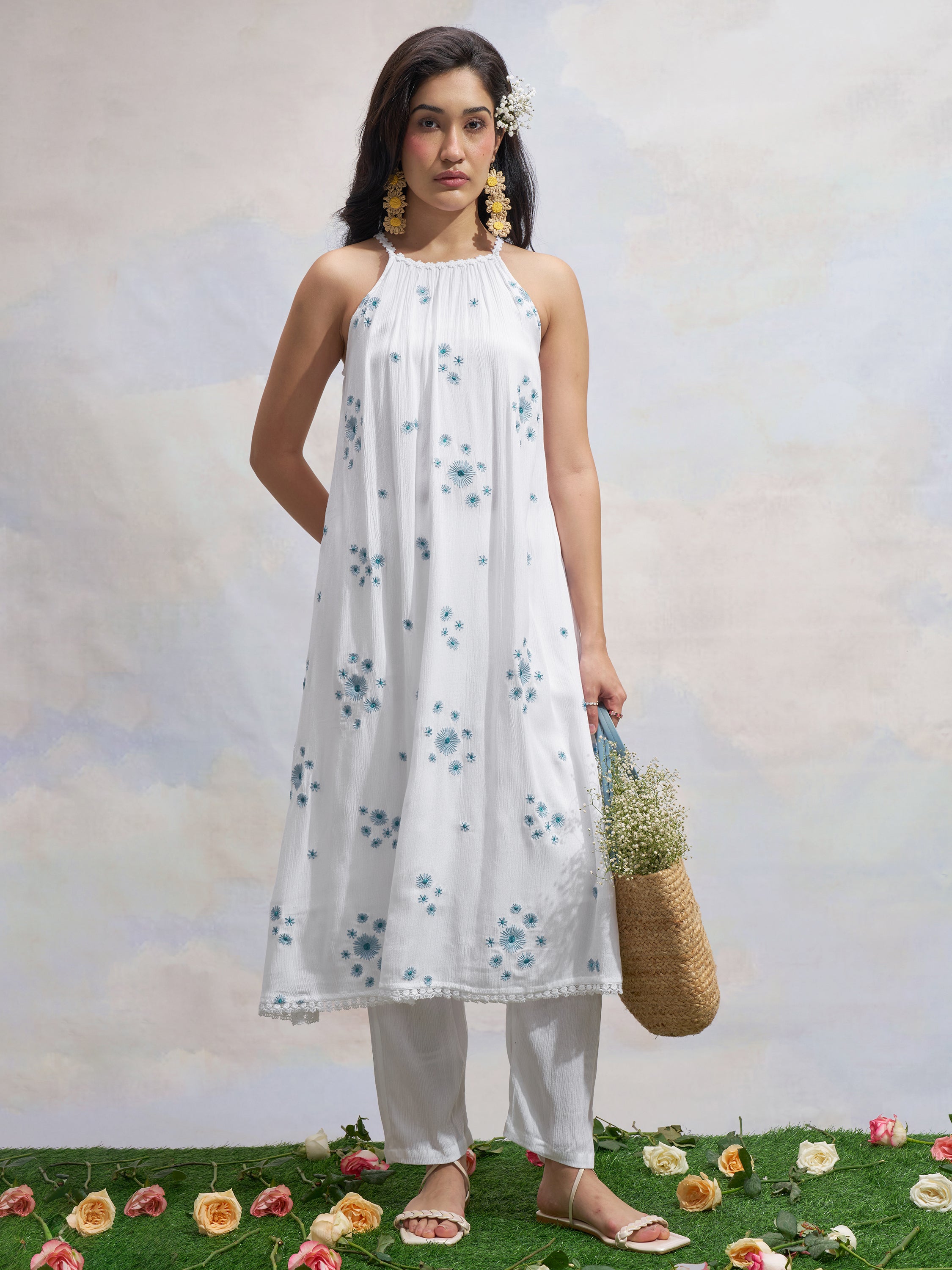 Vara By Vishudh Women White Embroidered Kurta With Trouser - White - Image 1