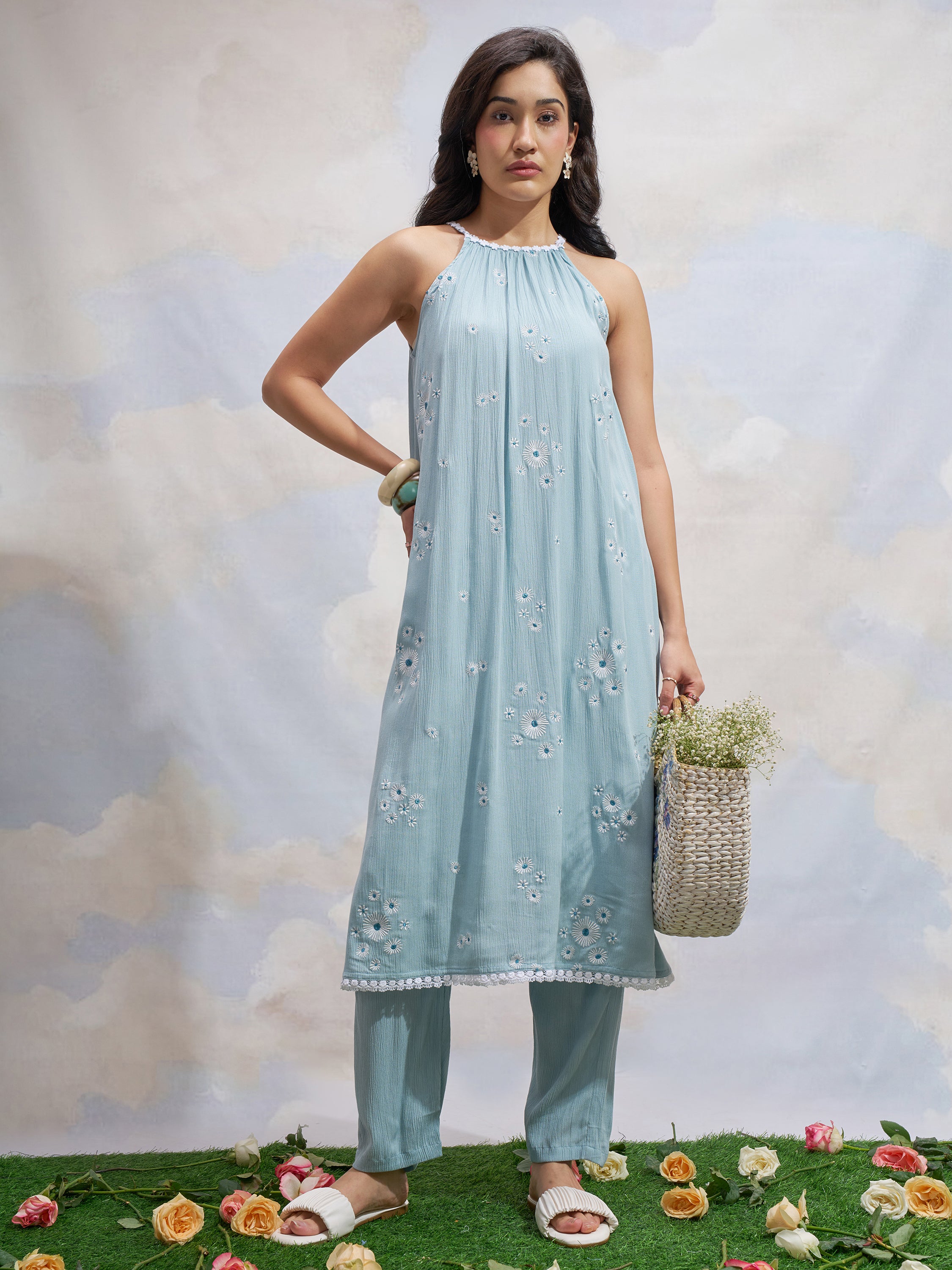Vara By Vishudh Women Blue Embroidered Kurta With Trouser - Blue - Image 1