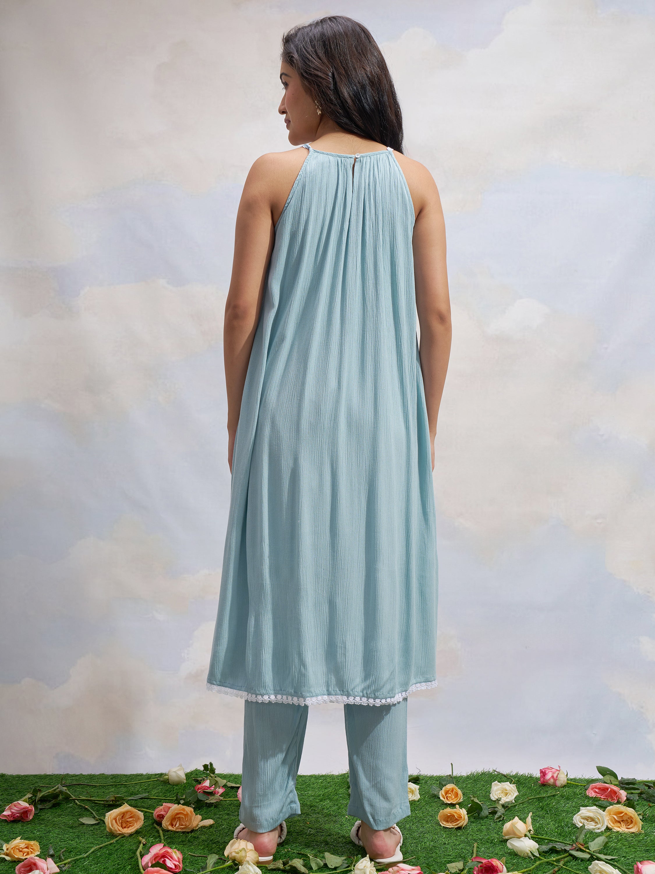 Vara By Vishudh Women Blue Embroidered Kurta With Trouser - Blue - Image 3