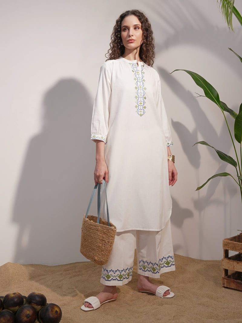 Vara By Vishudh Women White Embroidered Straight Kurta - White - Image 1