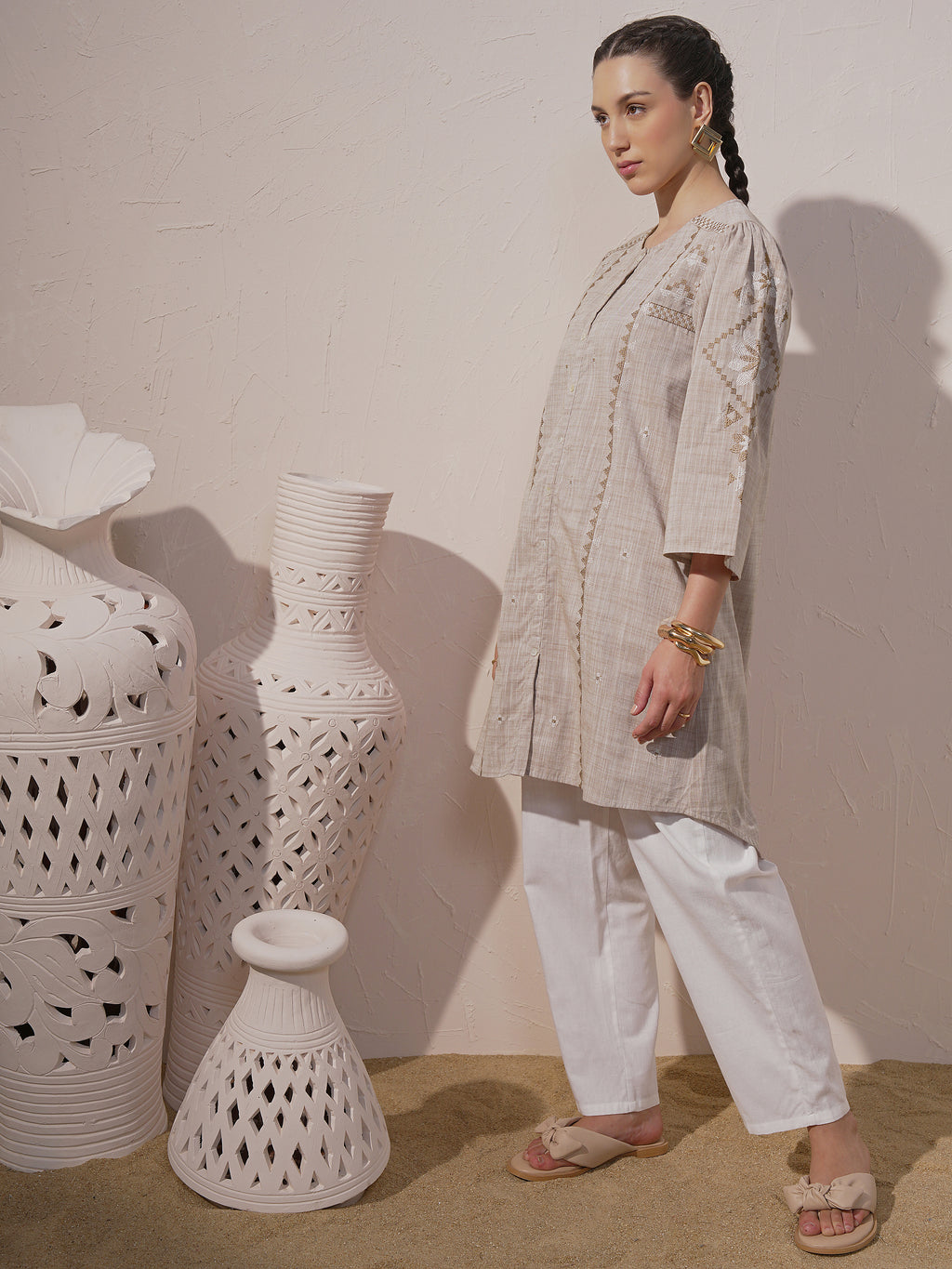 Vara By Vishudh Women Brown Embroidered A-Line Kurta - Brown - Image 2