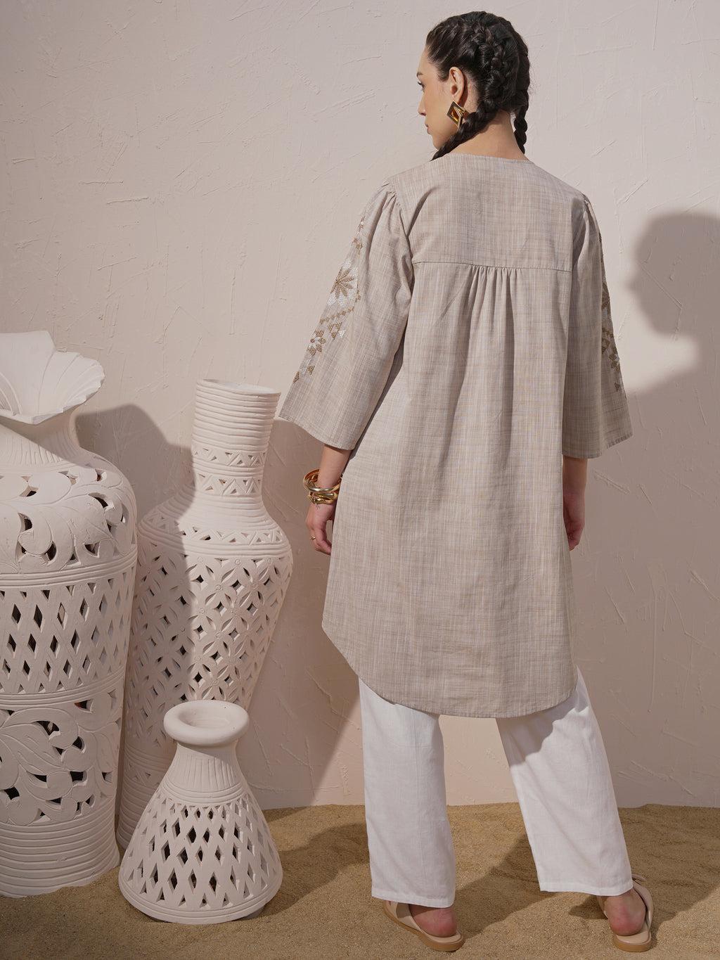 Vara By Vishudh Women Brown Embroidered A-Line Kurta - Brown - Image 3