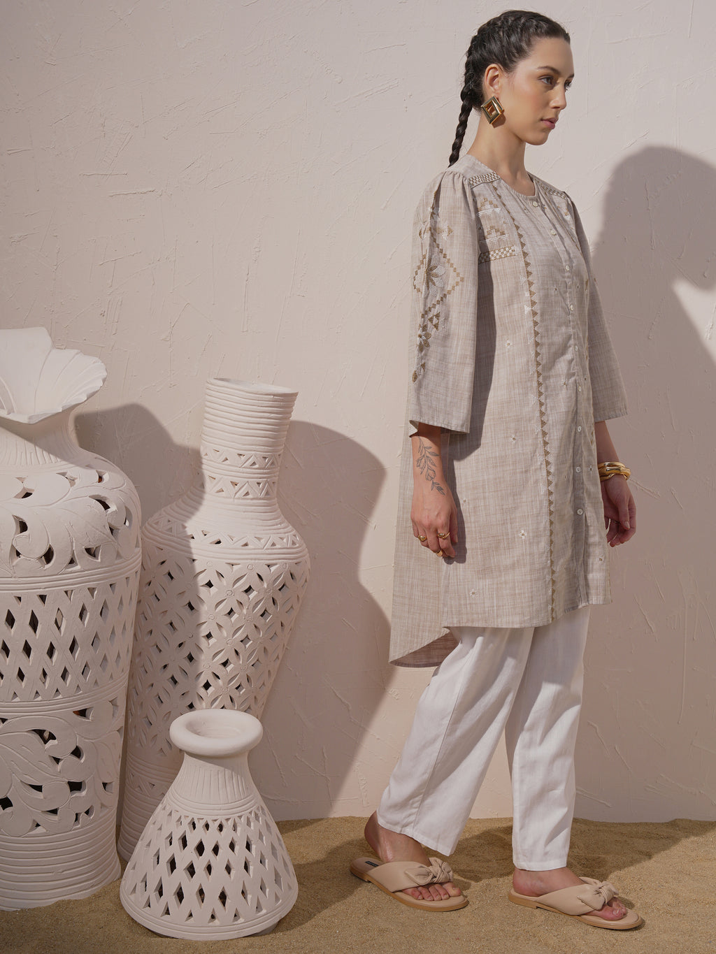 Vara By Vishudh Women Brown Embroidered A-Line Kurta - Brown - Image 4