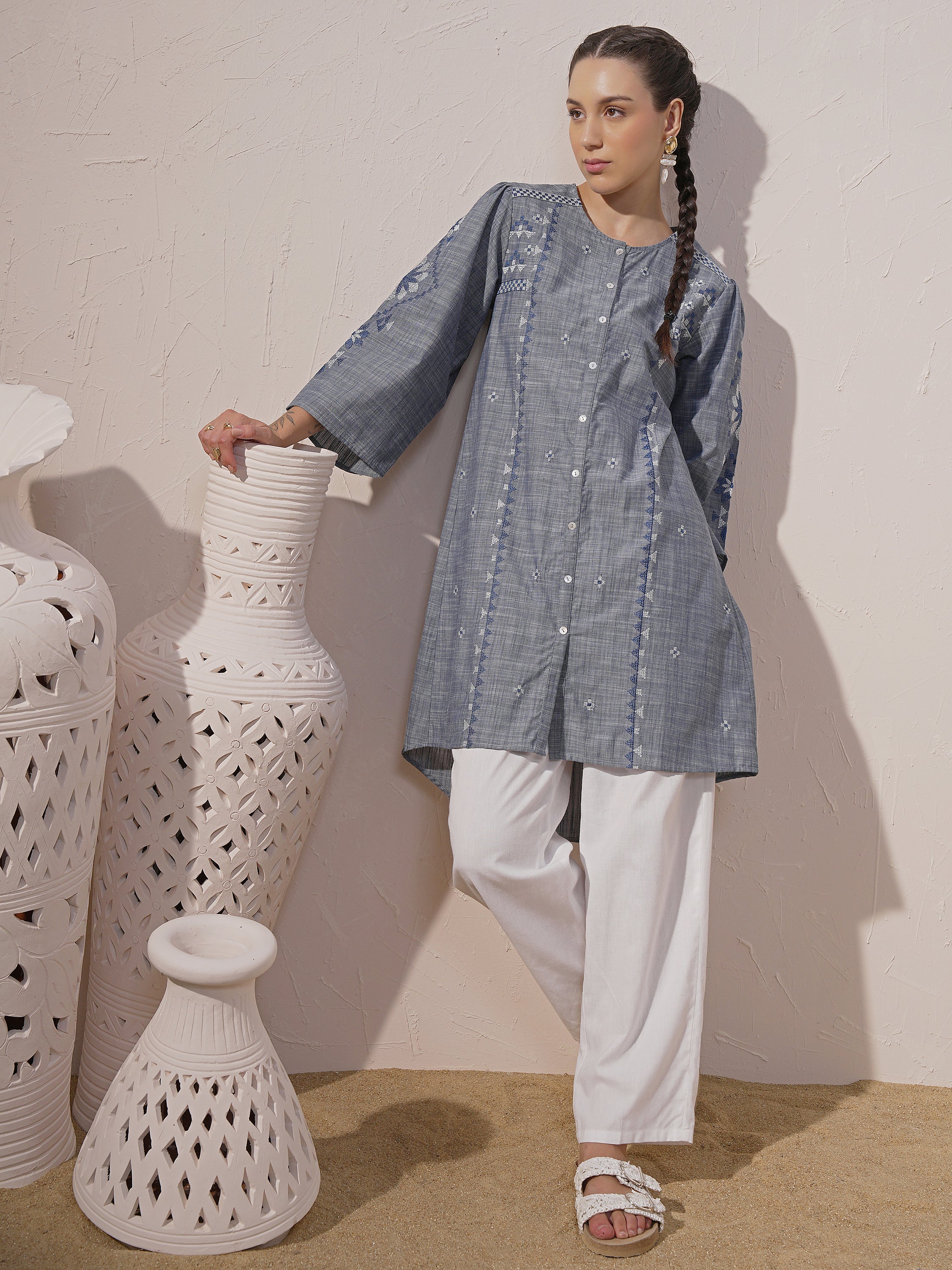 Vara By Vishudh Women Blue Embroidered A-Line Kurta - Blue - Image 1