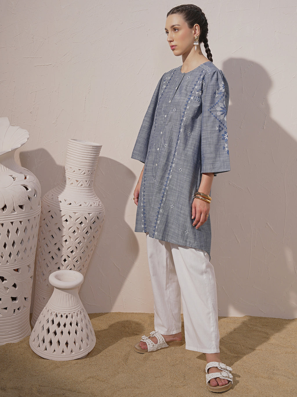 Vara By Vishudh Women Blue Embroidered A-Line Kurta - Blue - Image 2