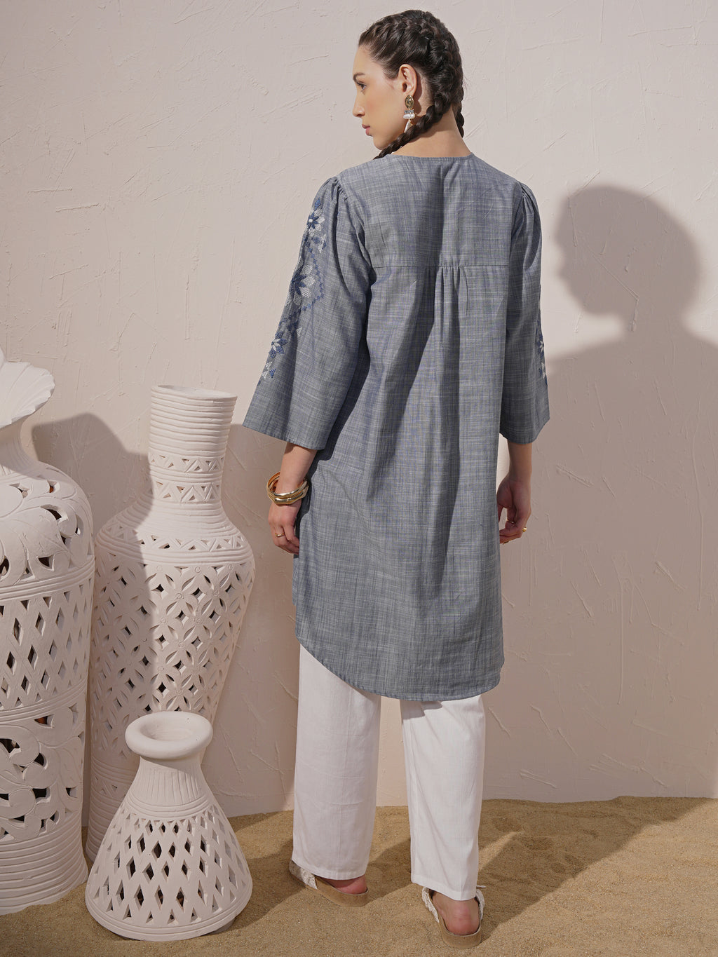 Vara By Vishudh Women Blue Embroidered A-Line Kurta - Blue - Image 3