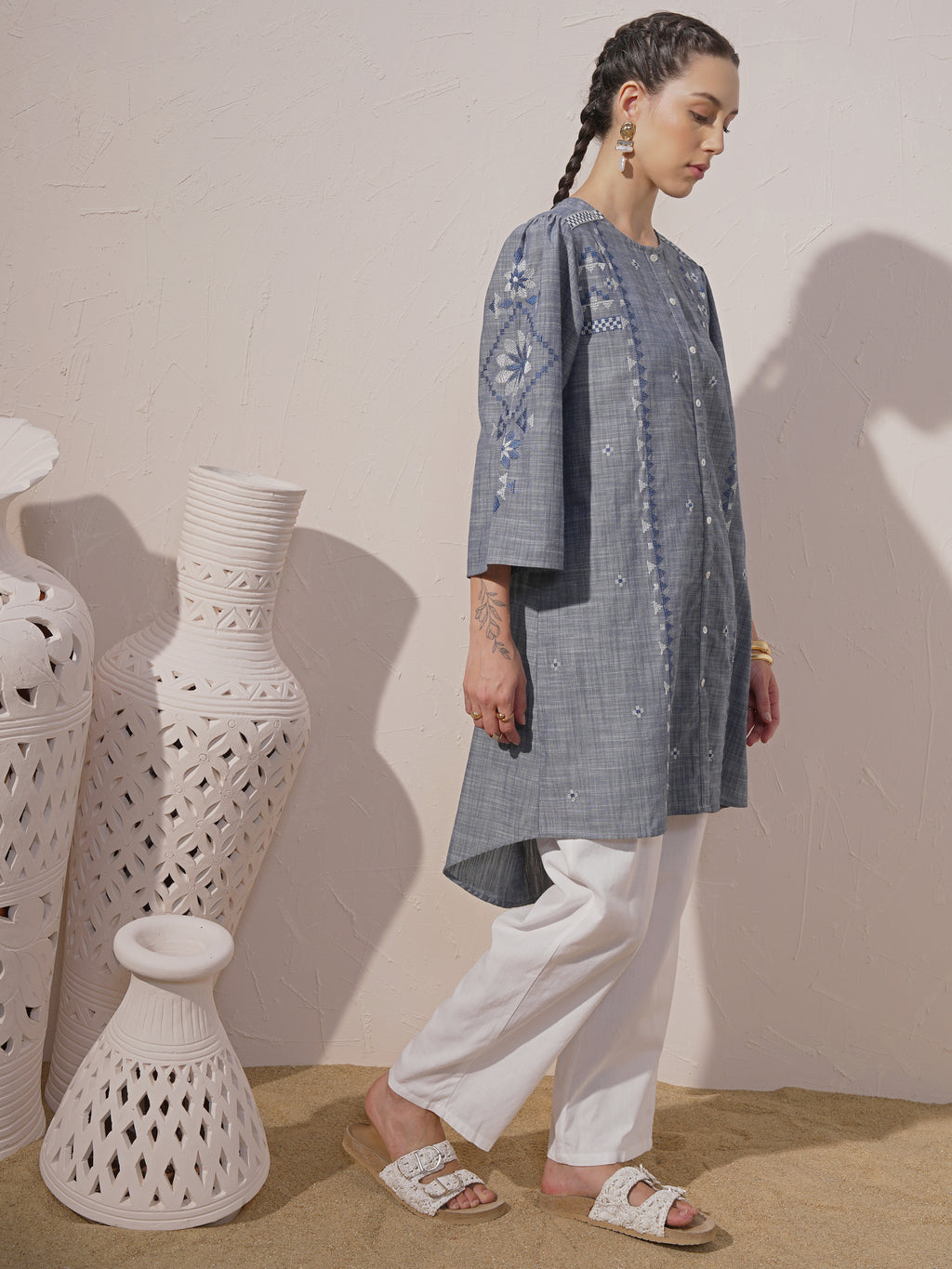 Vara By Vishudh Women Blue Embroidered A-Line Kurta - Blue - Image 4