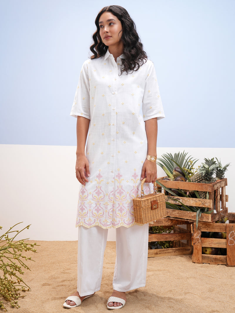 Vara By Vishudh Women White Embroidered Straight Kurta - White - Image 1