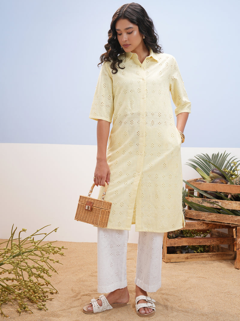 Vara By Vishudh Women Yellow Embroidered Straight Kurta - Yellow - Image 1