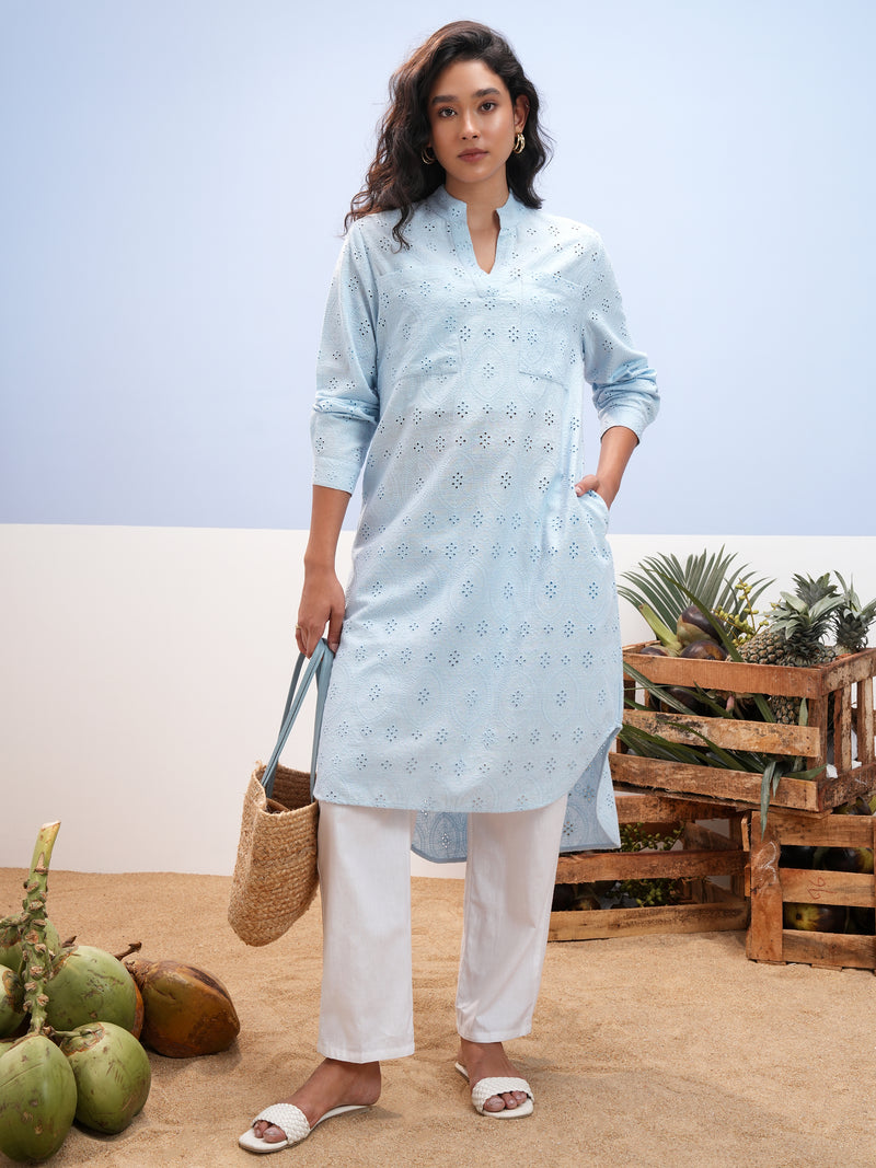 Vara By Vishudh Women Blue Embroidered Straight Kurta - Blue - Image 1